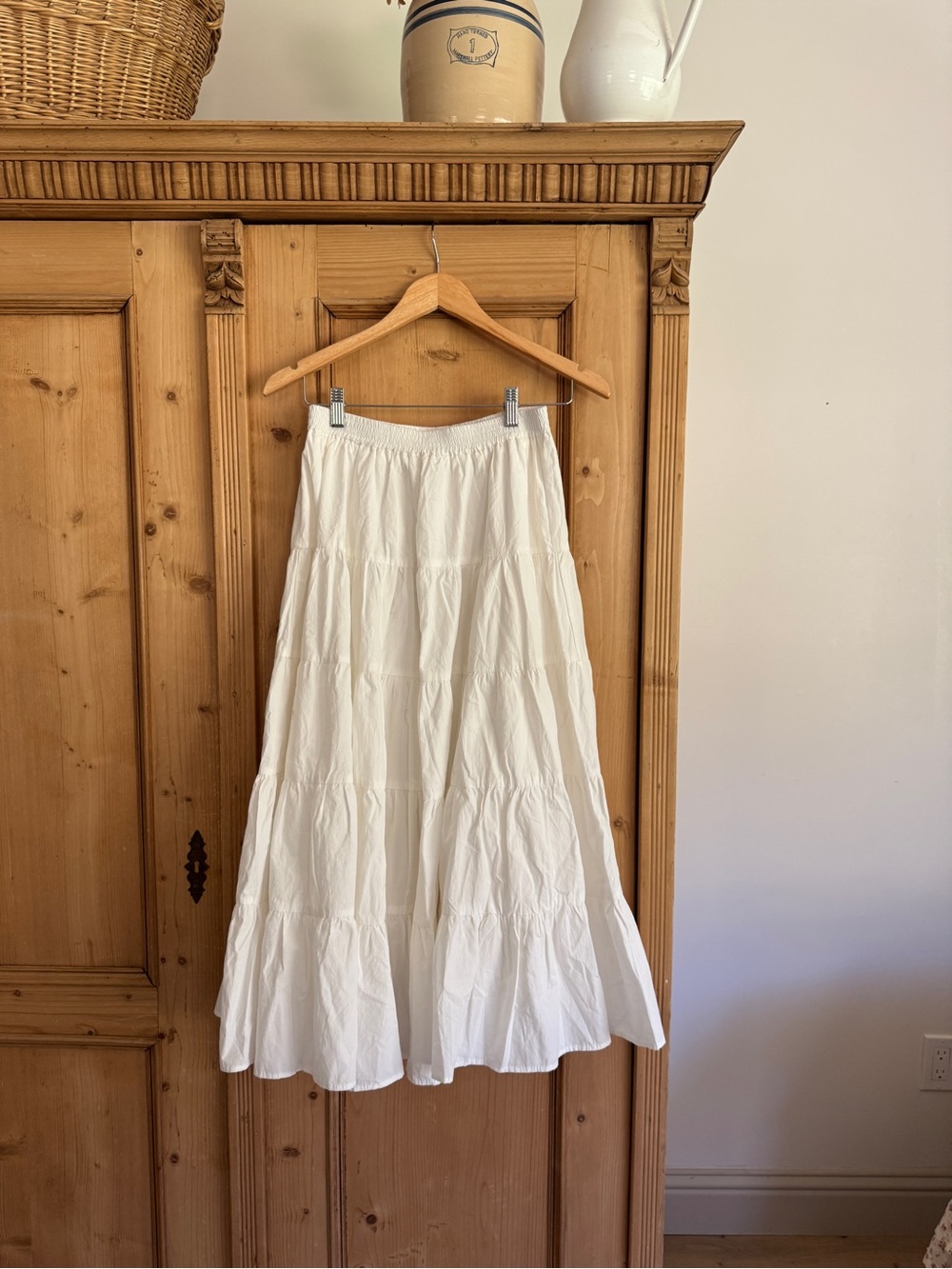 Women's White Tiered Maxi Skirt with Elastic Waist
